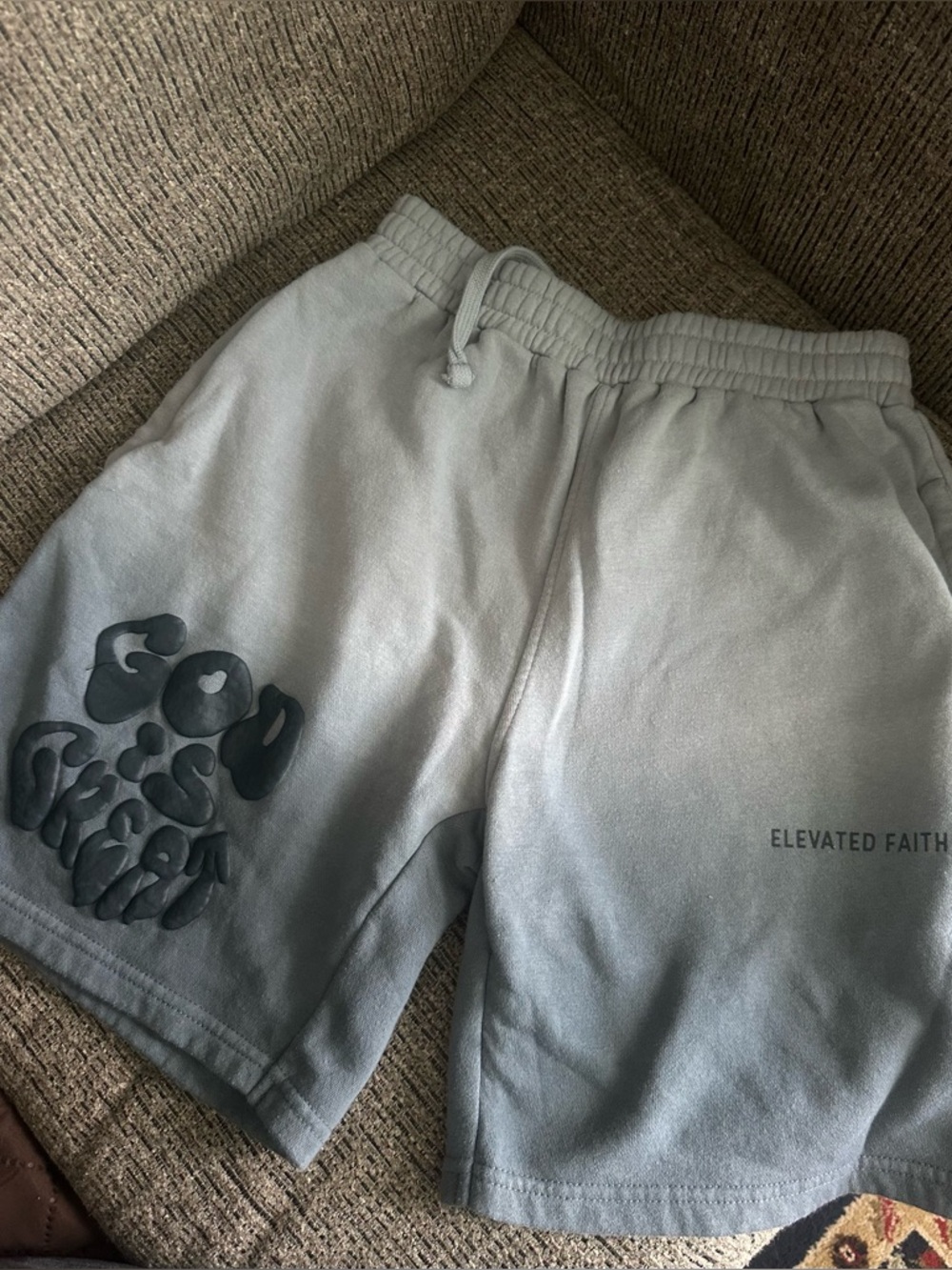 Elevated Faith Light Gray Blue God is Great Comfy Lounge Shorts - XS